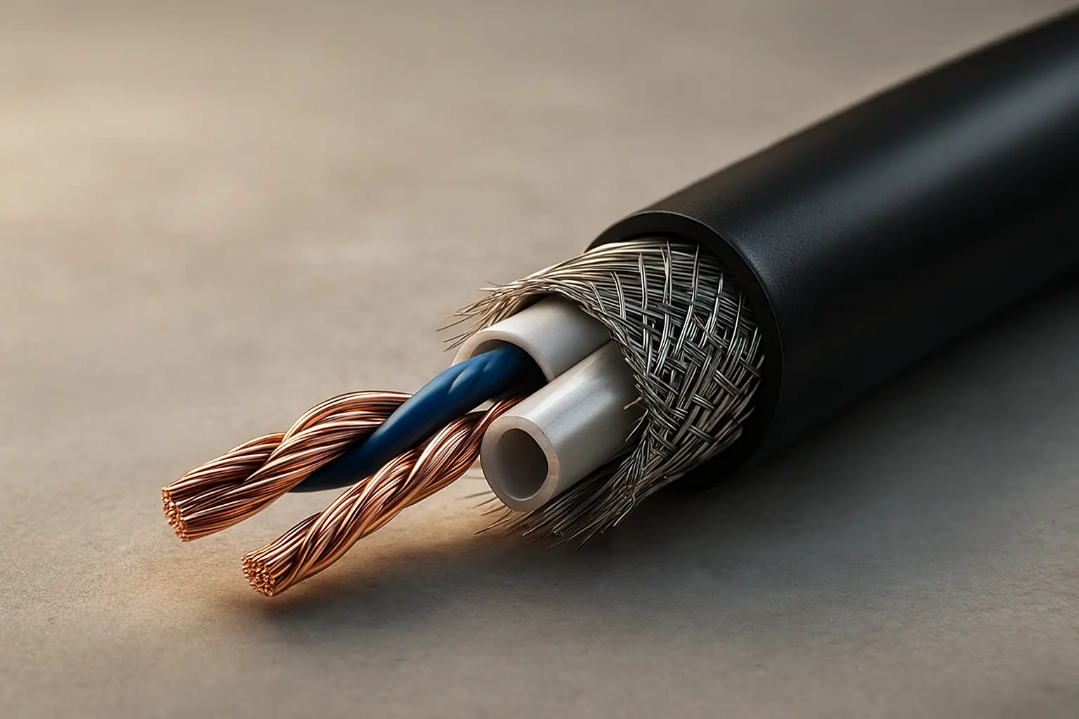“Close-up view of the internal structure of a pro audio XLR cable with conductors and shielding exposed.”.png