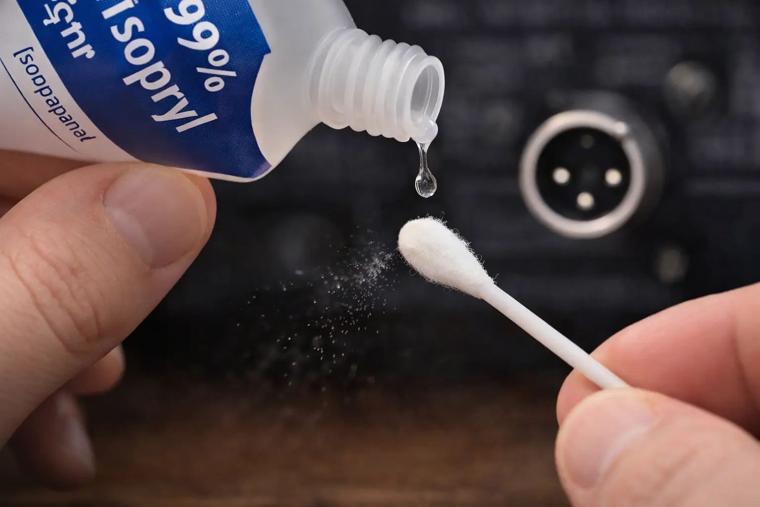ALT Applying a small amount of 99% isopropyl alcohol to a lint-free swab instead of spraying liquid directly into an audio jack..png
