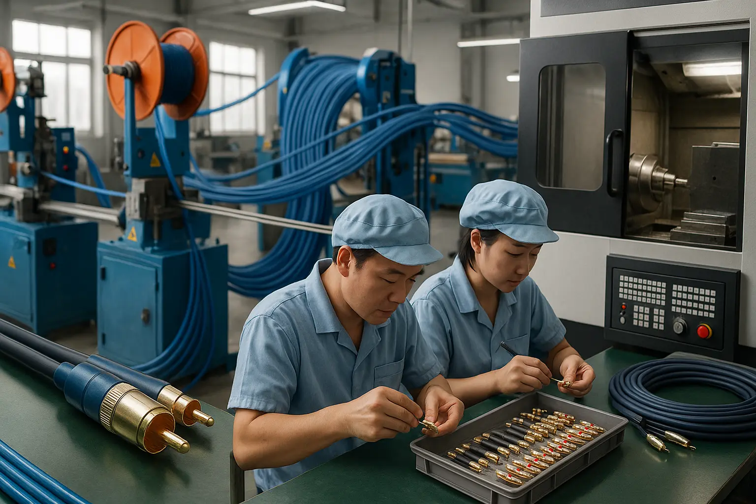 OEM factory assembling RCA connectors and producing audio cables..png