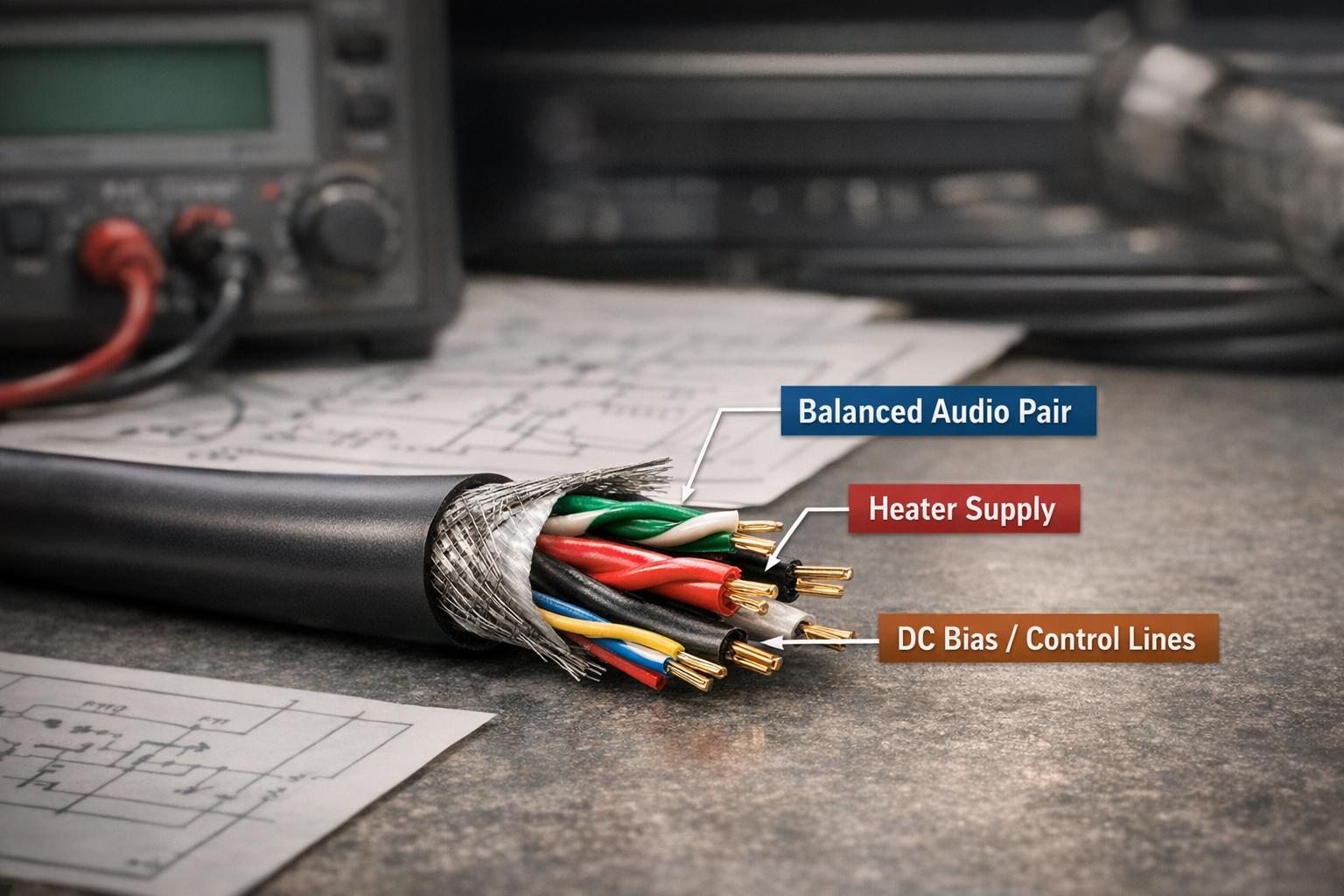Cross-section of a 7-pin XLR cable showing multiple conductors for audio, heater power, and control lines in tube microphone systems..png