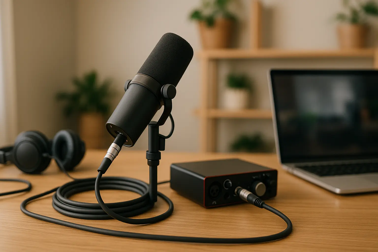 Home podcast and content creation setup with an XLR microphone connected to an audio interface on a desk..png