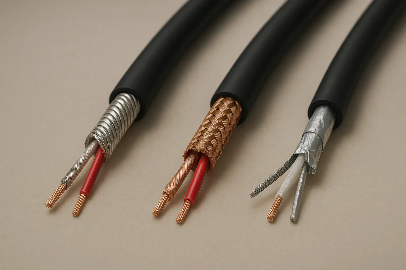 “Three XLR cable samples showing spiral, braided, and foil shielding layouts side by side.”.png