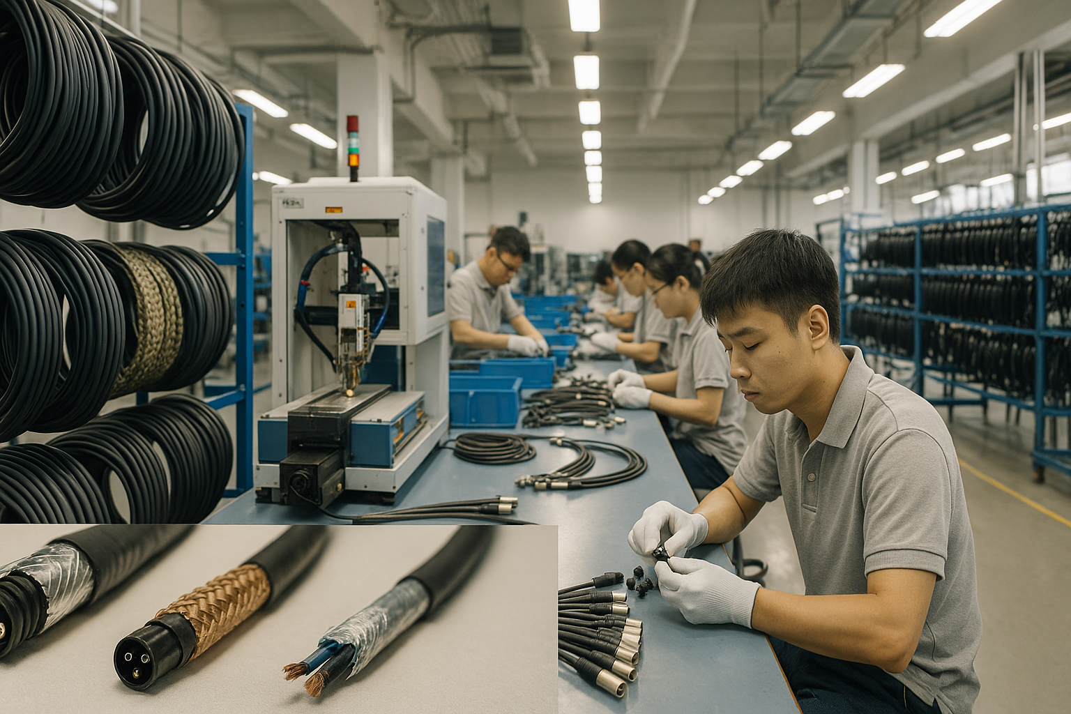 “Manufacturing line where workers assemble XLR cables and connectors using automated equipment.”.png