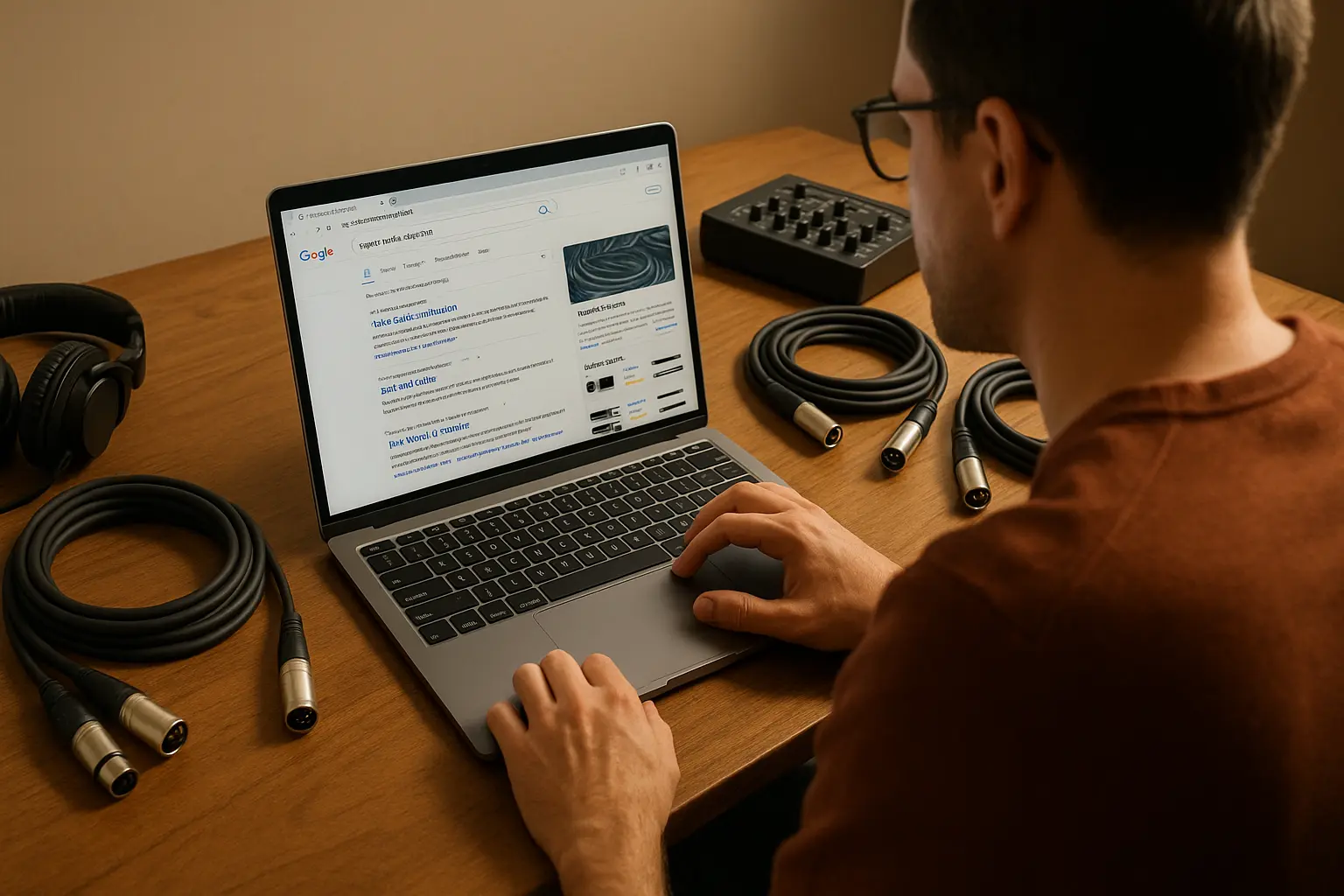 US audio engineer using a laptop to search for audio cable suppliers with audio gear and XLR cables on the desk..png
