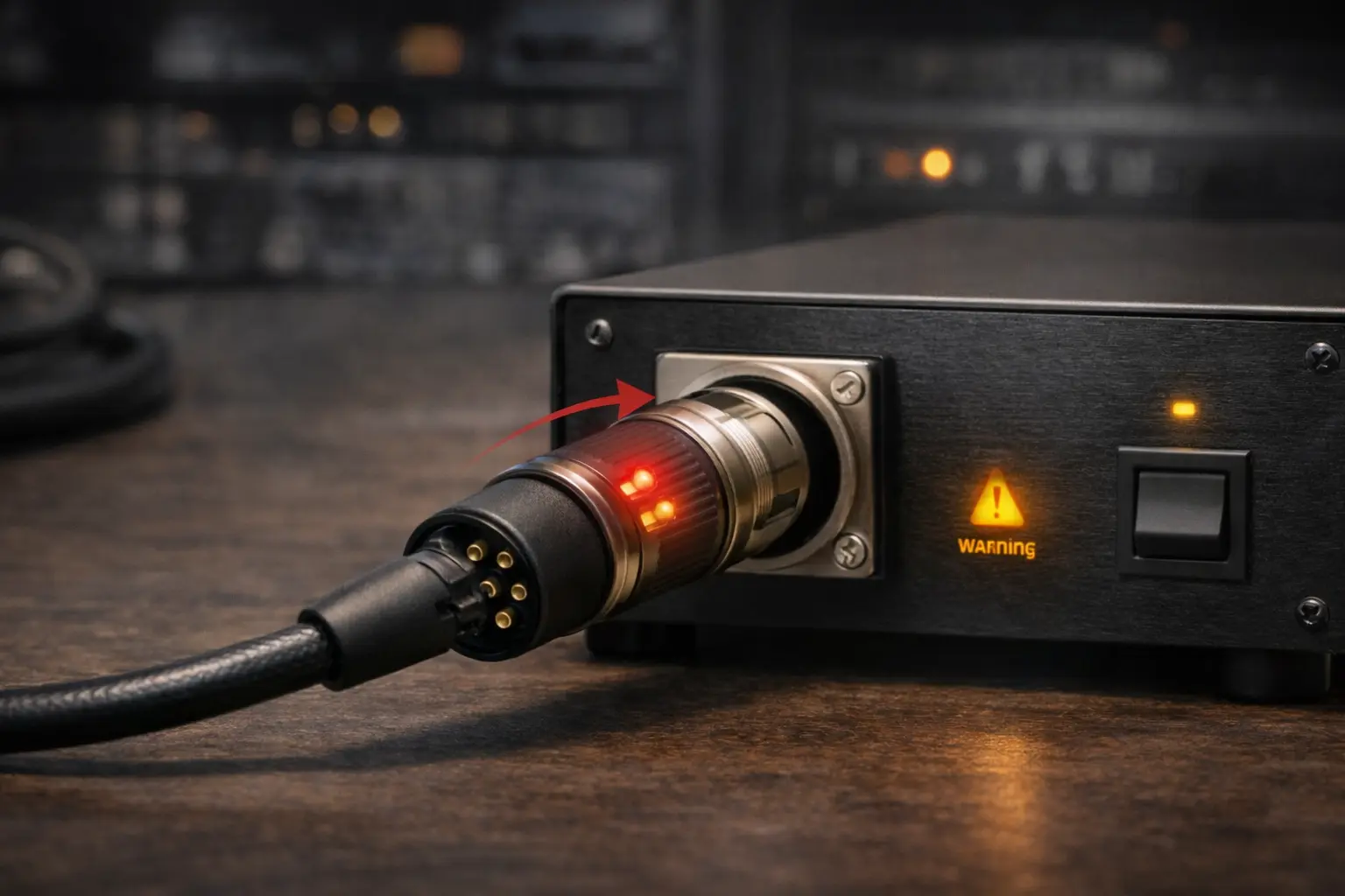 Incorrectly wired 7-pin XLR cable being connected to a tube microphone power supply, illustrating risk of hardware damage..png