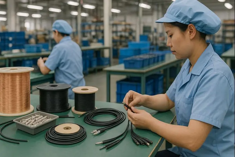 Realistic photo of an audio cable manufacturing line at an electronics factory..jpg