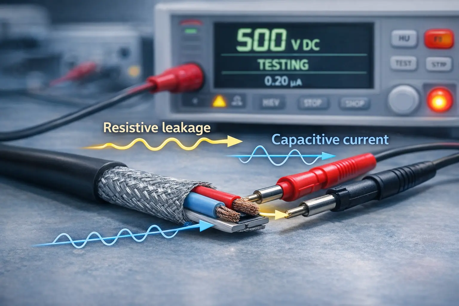 Audio cable capacitance and leakage current during high potential dielectric testing.png