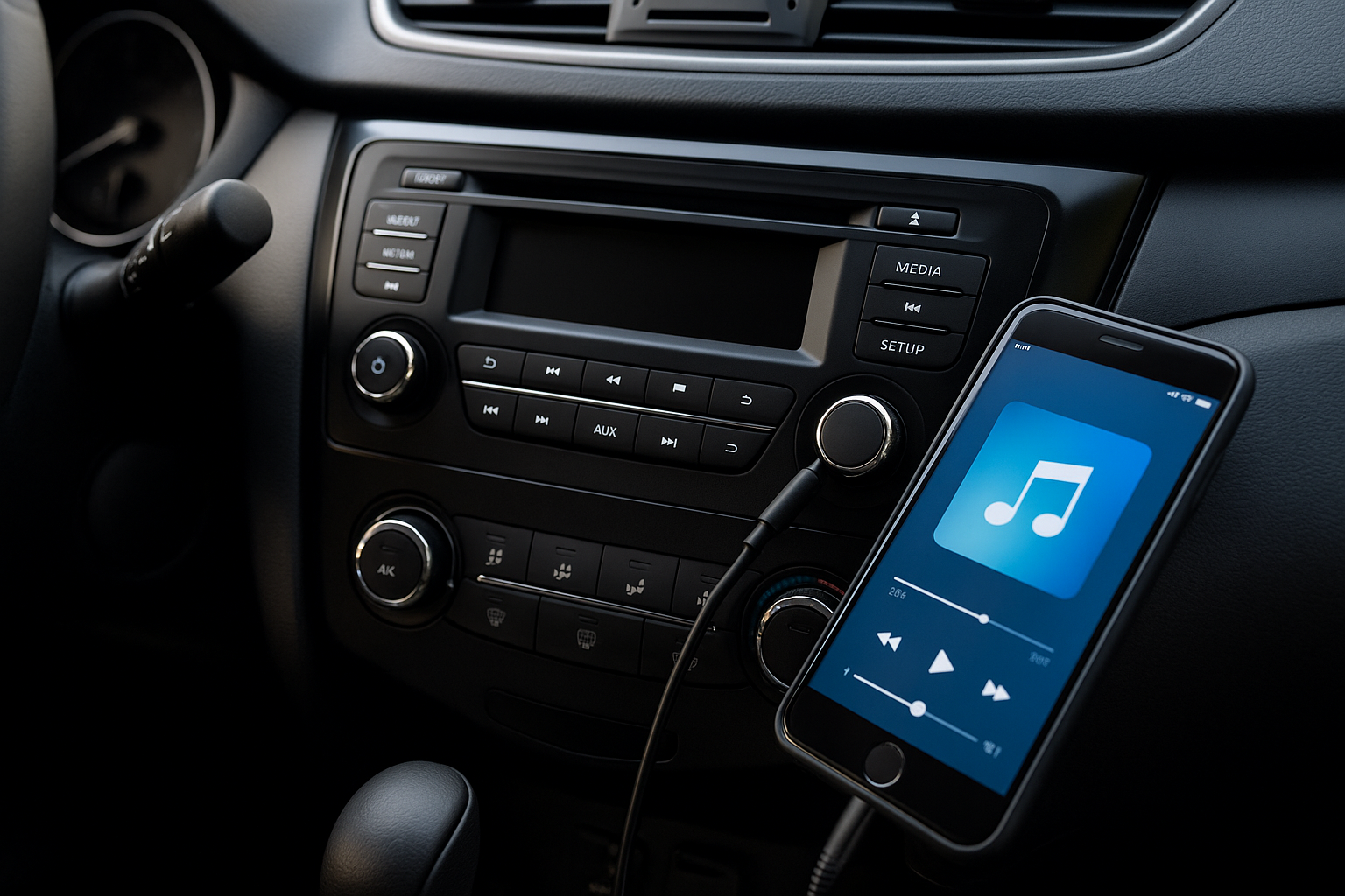 Smartphone connected to a car AUX port using a 3.5 mm male to male stereo audio cable..png