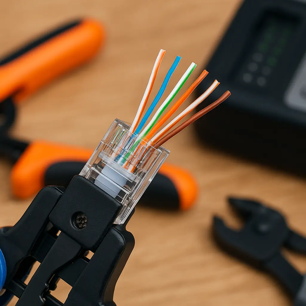 CAT5e cable being wired into an RJ45 connector using T-568B color order.png