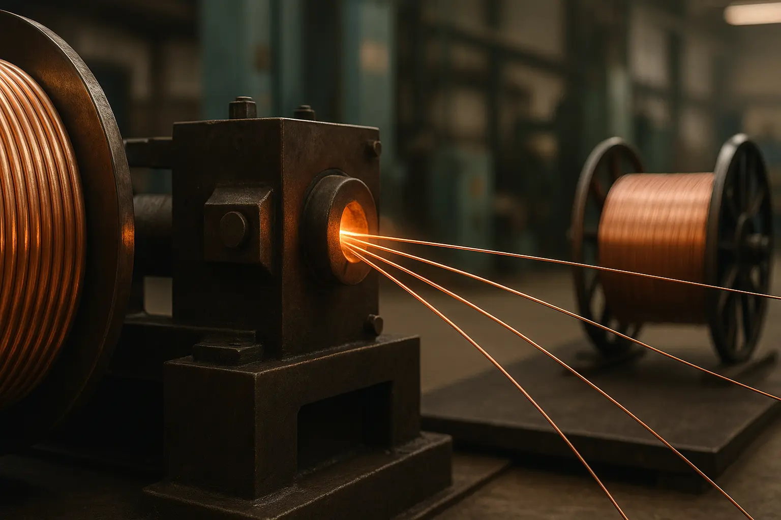 Copper rods being drawn into fine audio cable conductors inside a factory..png