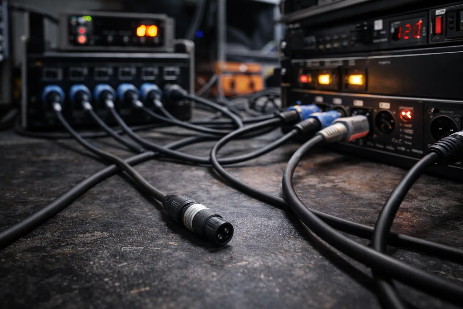XLR audio cable routed near power cables and electrical equipment causing potential noise and interference.png