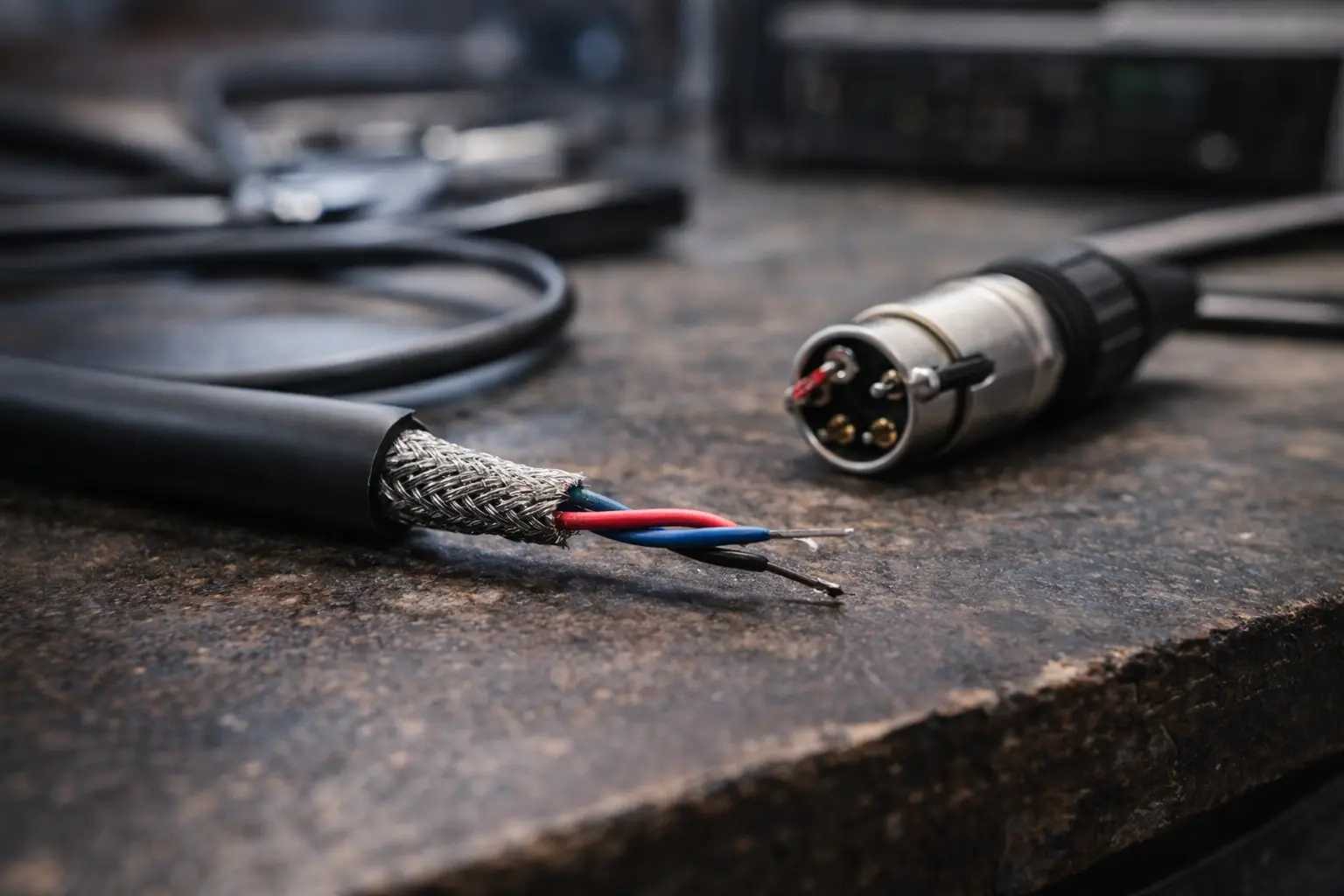 Inside a balanced XLR cable showing twisted pair conductors and shielding.png