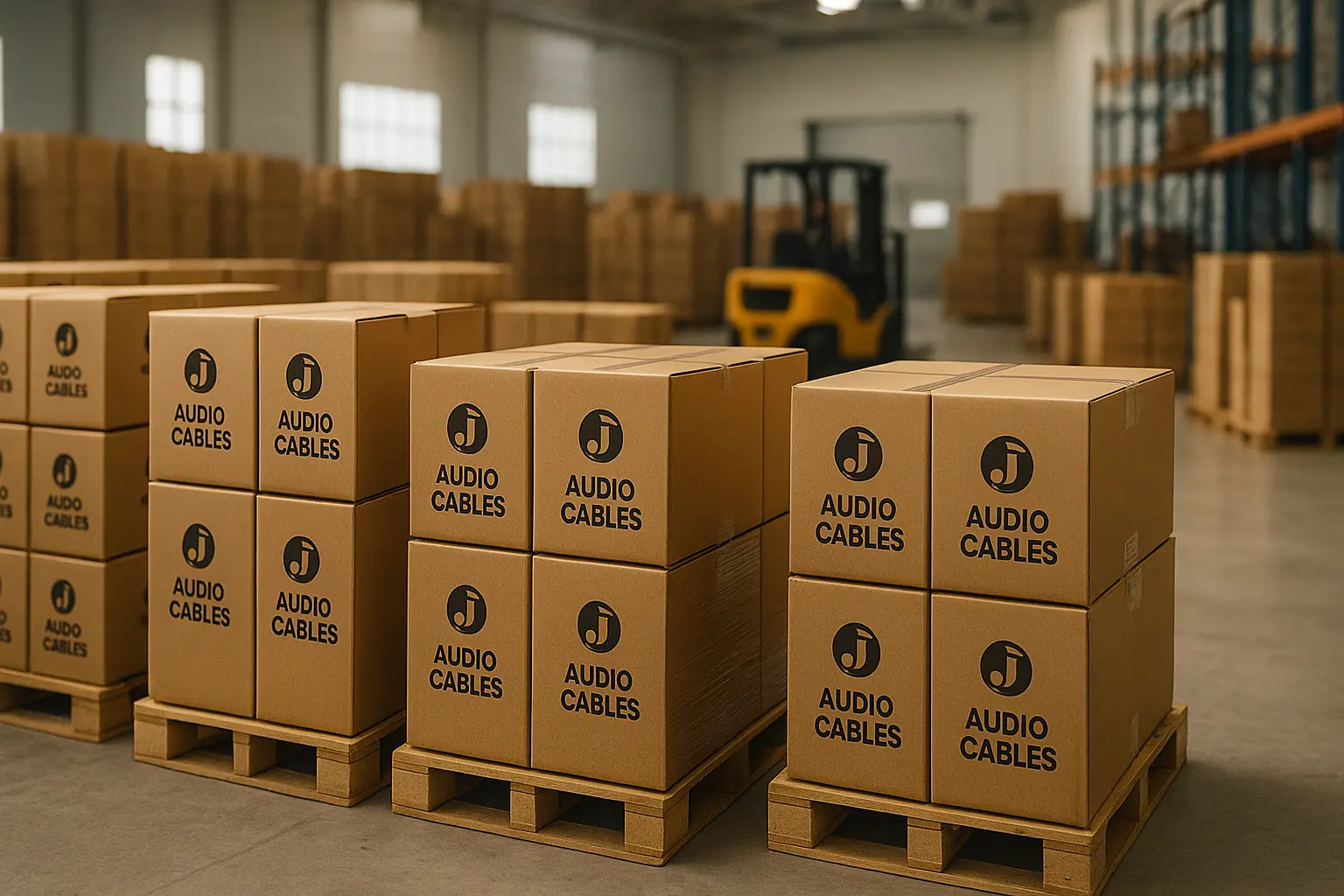 Warehouse pallets loaded with cartons of audio cables prepared for export.png