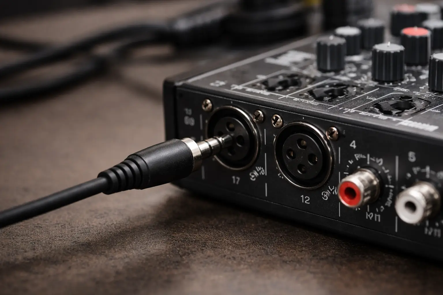 “3.5mm audio cable connected to an XLR input on a professional mixer”.png