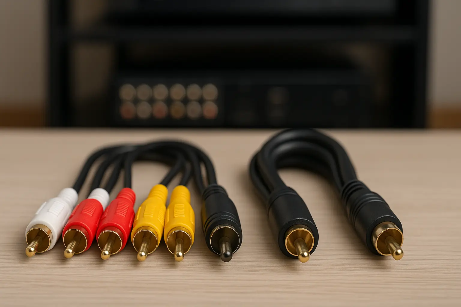 Four types of standard RCA cables displayed side by side stereo, AV, subwoofer, and digital coaxial.png