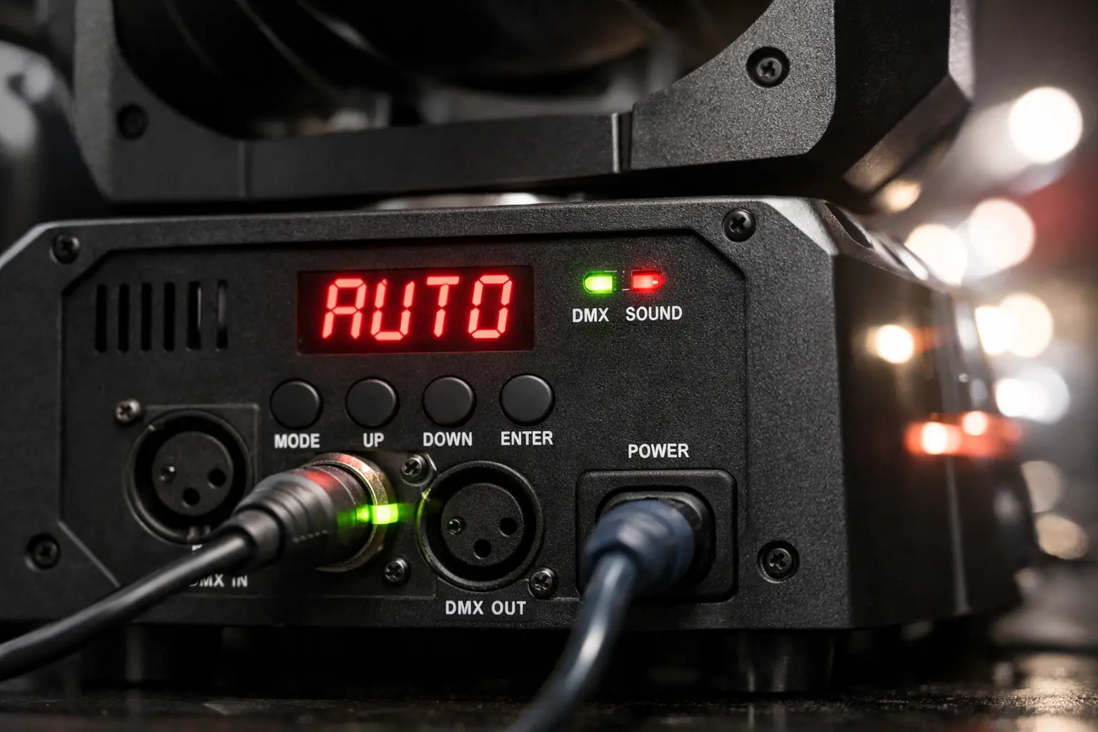 DMX lighting fixture unintentionally operating in sound or auto mode despite being connected to a controller..png