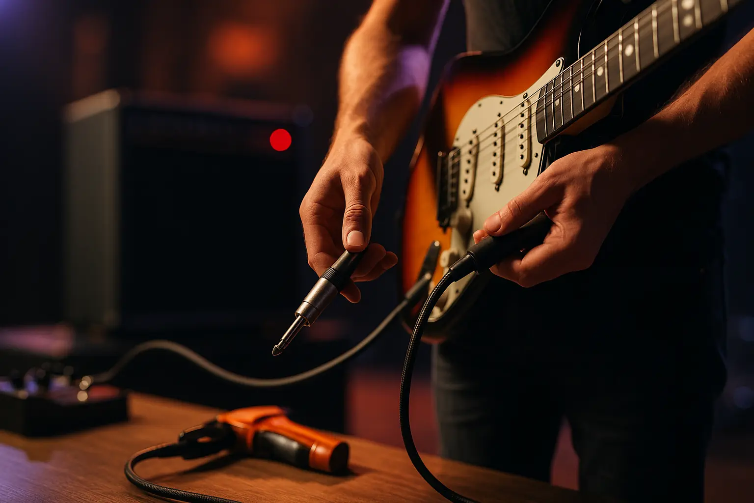 Guitarist swapping cables on stage to avoid pop noise and reduce trip hazards.png