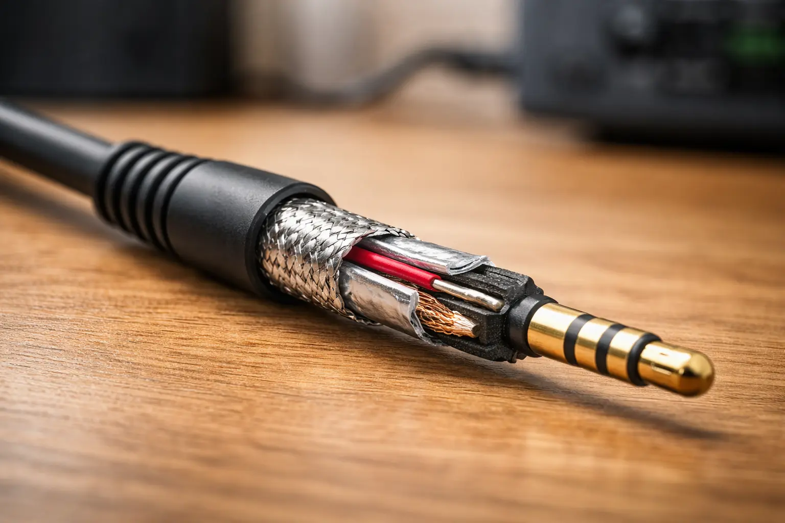 Close-up view of a 3.5mm audio cable cross section, showing conductors, insulation, and shielding layers in a realistic style.png