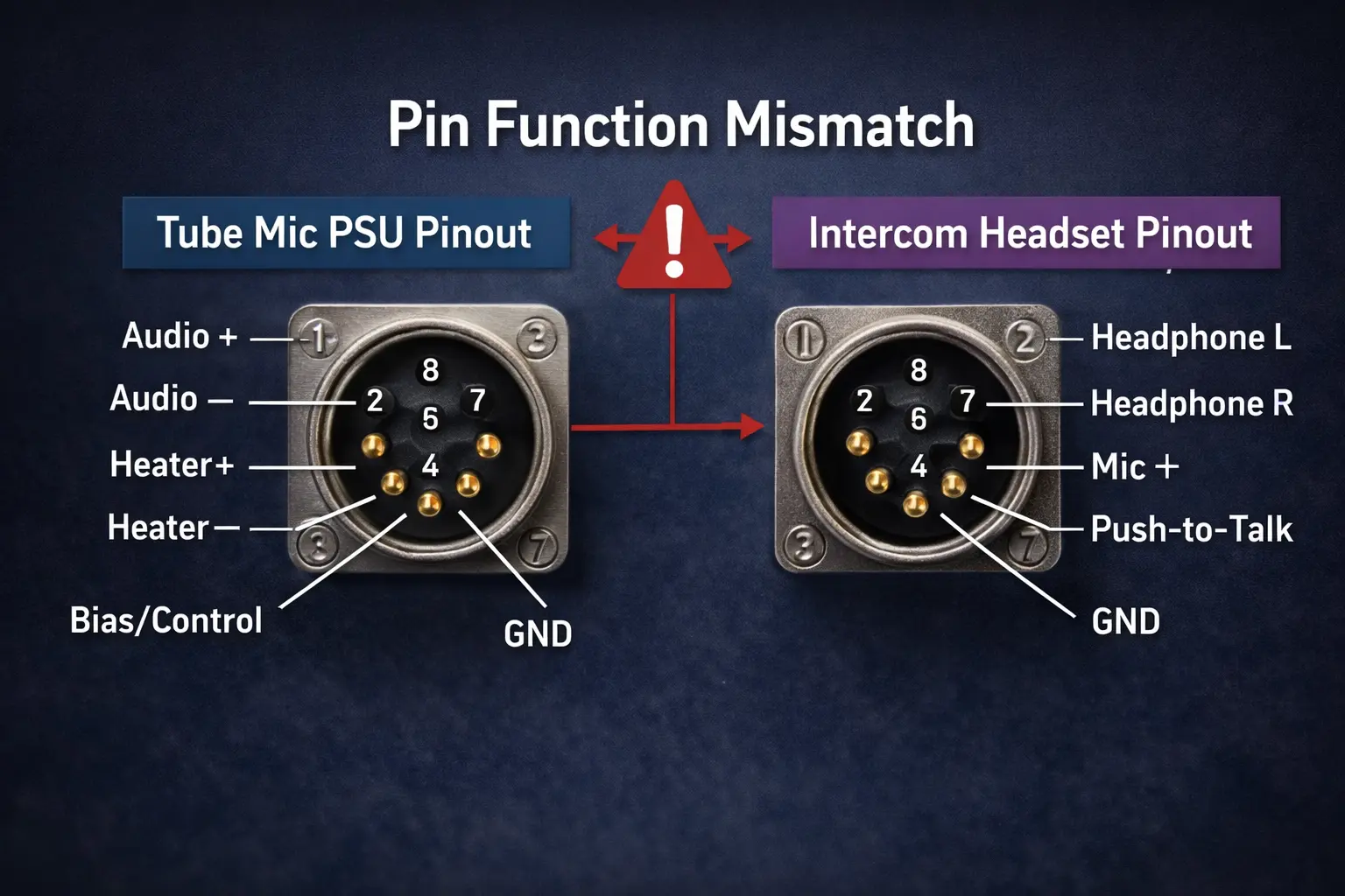 Comparison of different 7-pin XLR pinouts for tube microphones and intercom headsets, highlighting non-universal wiring risks..png