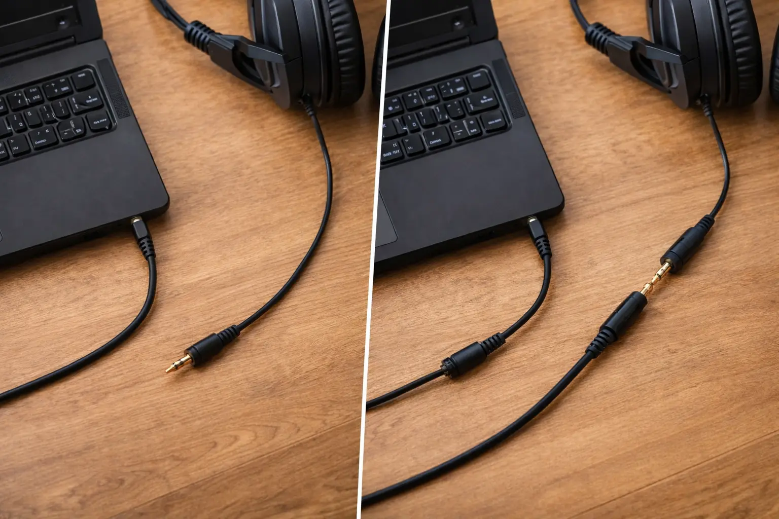 Comparison of a single long 3.5mm audio cable versus a setup using extension cables with multiple connection points.png