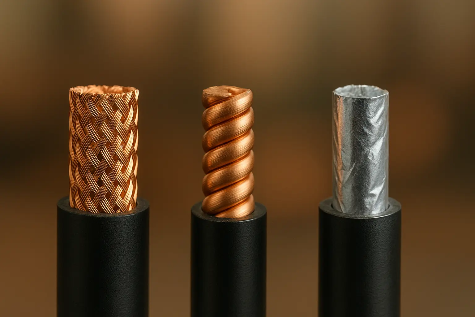 Braided, spiral, and foil shielding types of professional audio cables shown in a cutaway view..png