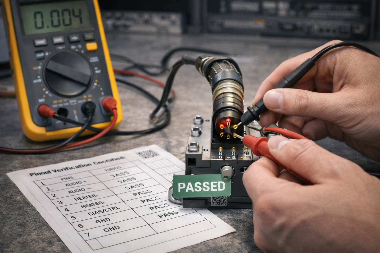 OEM technician performing full electrical testing on a 7-pin XLR cable assembly for tube microphone applications..png