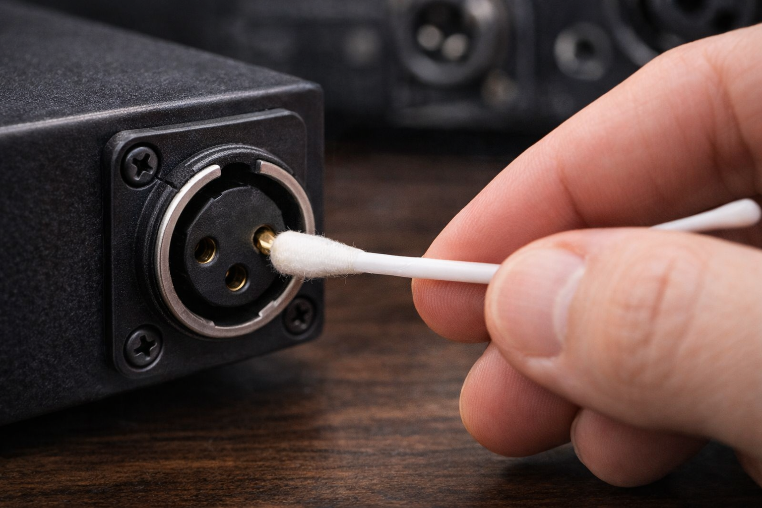 ALT Gently cleaning an XLR female connector using a correctly sized lint-free swab with light rotation to avoid damaging the contact springs..png