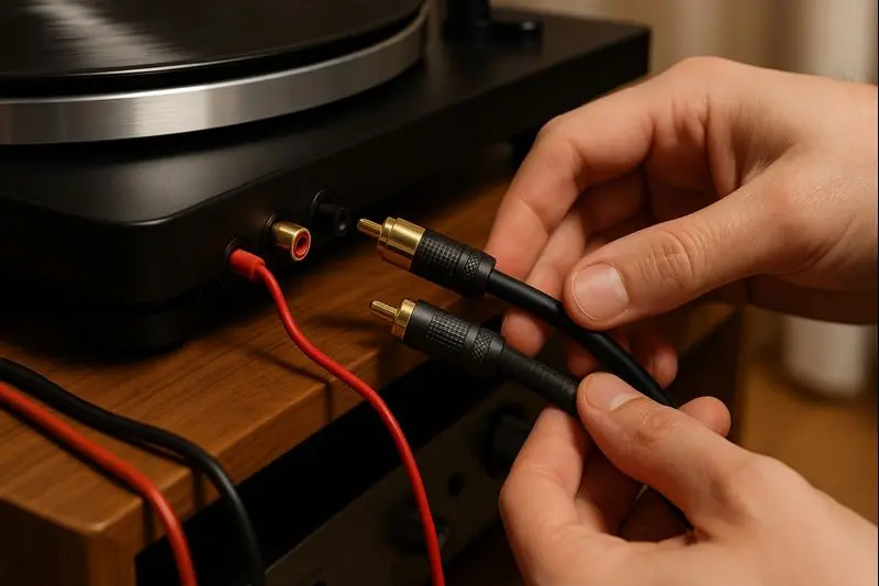 Person upgrading a turntable by replacing an old RCA cable with a higher-quality one..jpeg