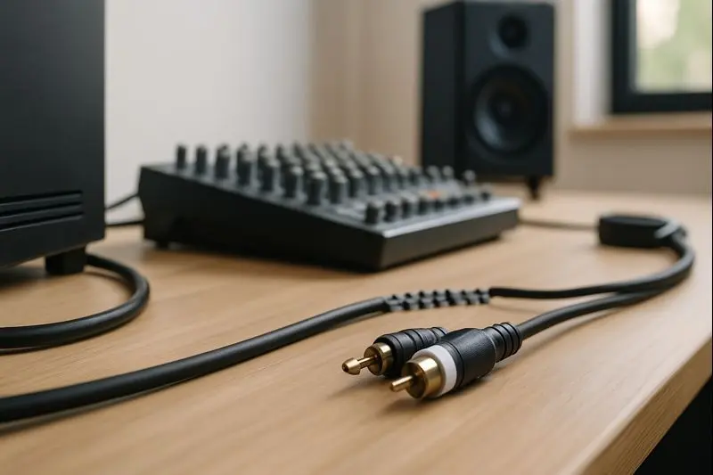 Home studio scene showing properly routed audio cables to reduce electrical noise..jpg