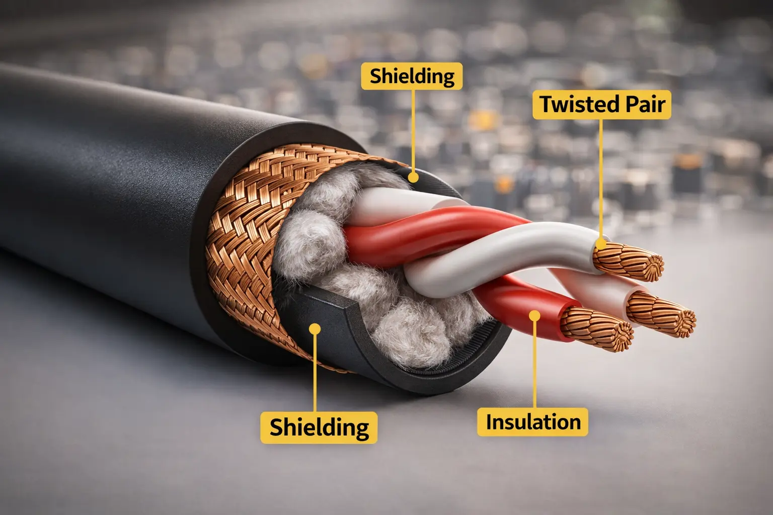 o Internal cross-section of professional balanced XLR cable showing braided shield, cotton fillers, and twisted pair conductors..png
