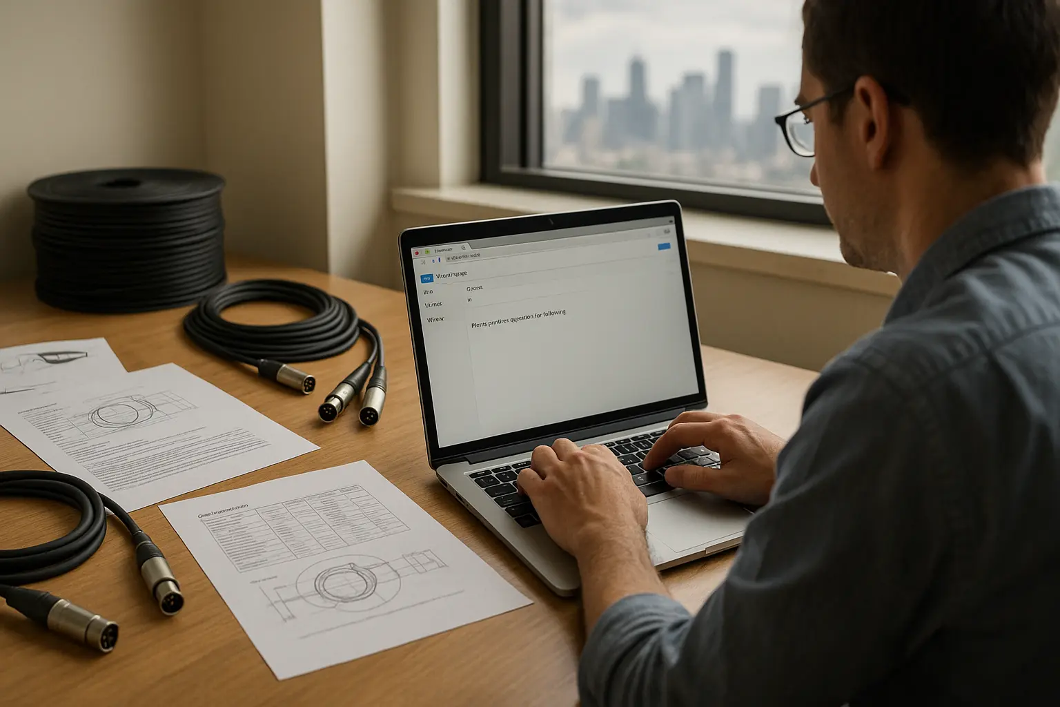 US project manager drafting an RFQ on a laptop with printed cable specs and sample XLR cables on the desk..png
