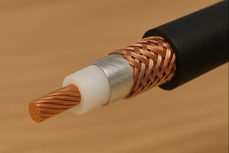 Realistic cross-section image of an audio cable showing copper conductor, insulation, and shielding layers..jpg