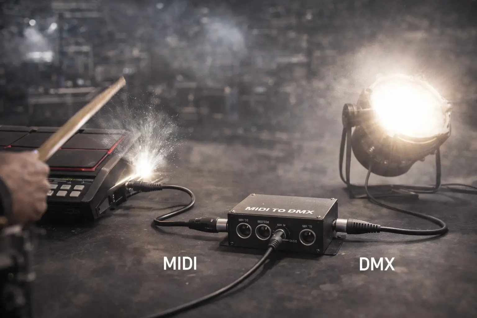 Roland SPD-SX connected to a MIDI-to-DMX converter triggering a lighting fixture instantly during a drum hit..png