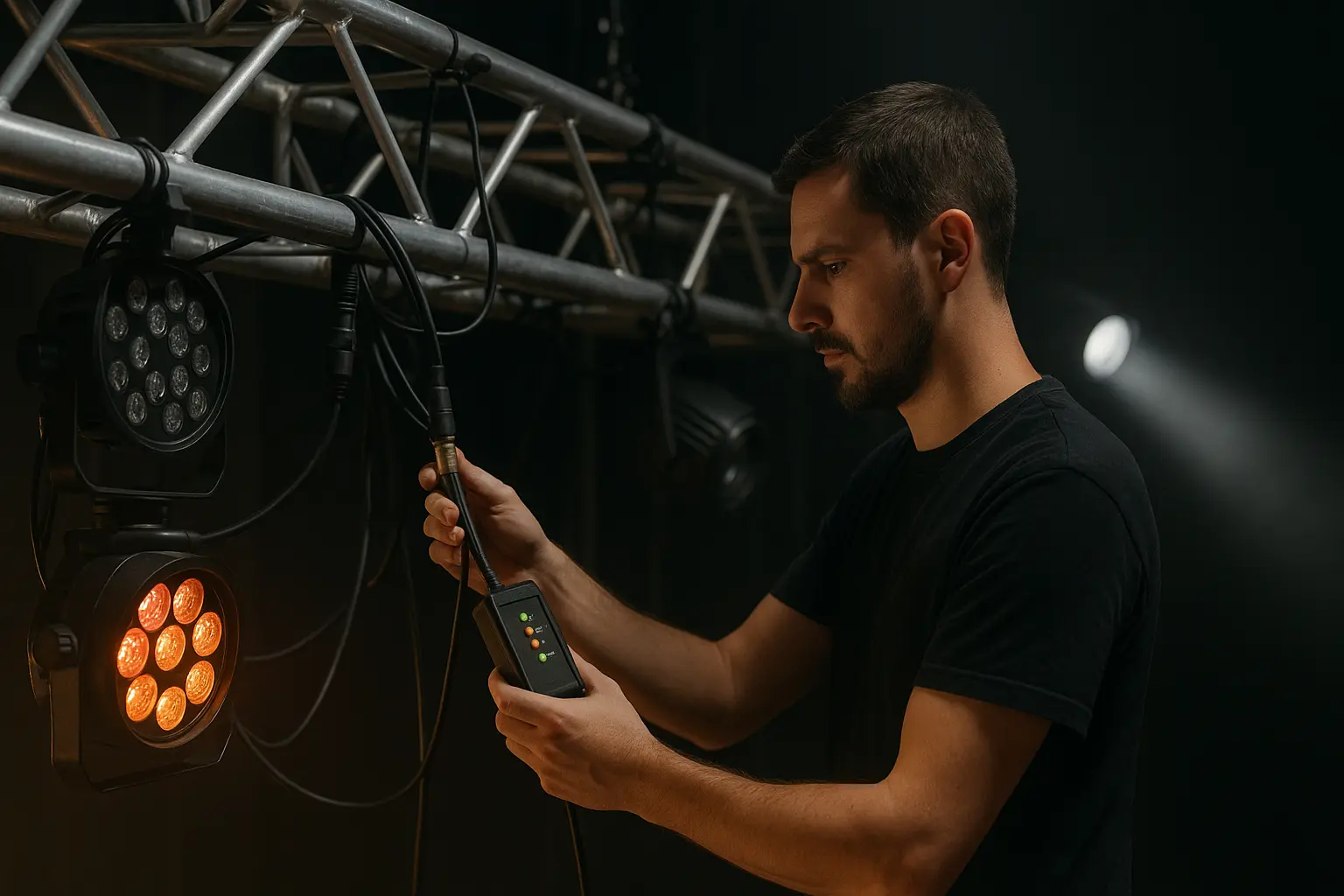 Technician testing DMX cables on a lighting truss using a handheld tester.png