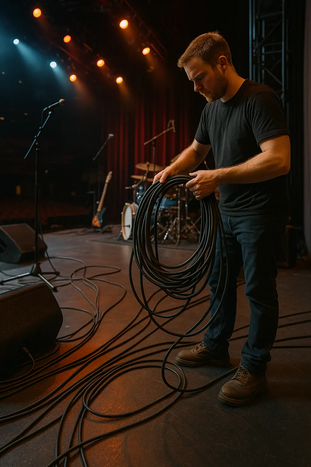 Live sound engineer managing multiple XLR mic cables on the side of a concert stage with band equipment and lighting in the background..png