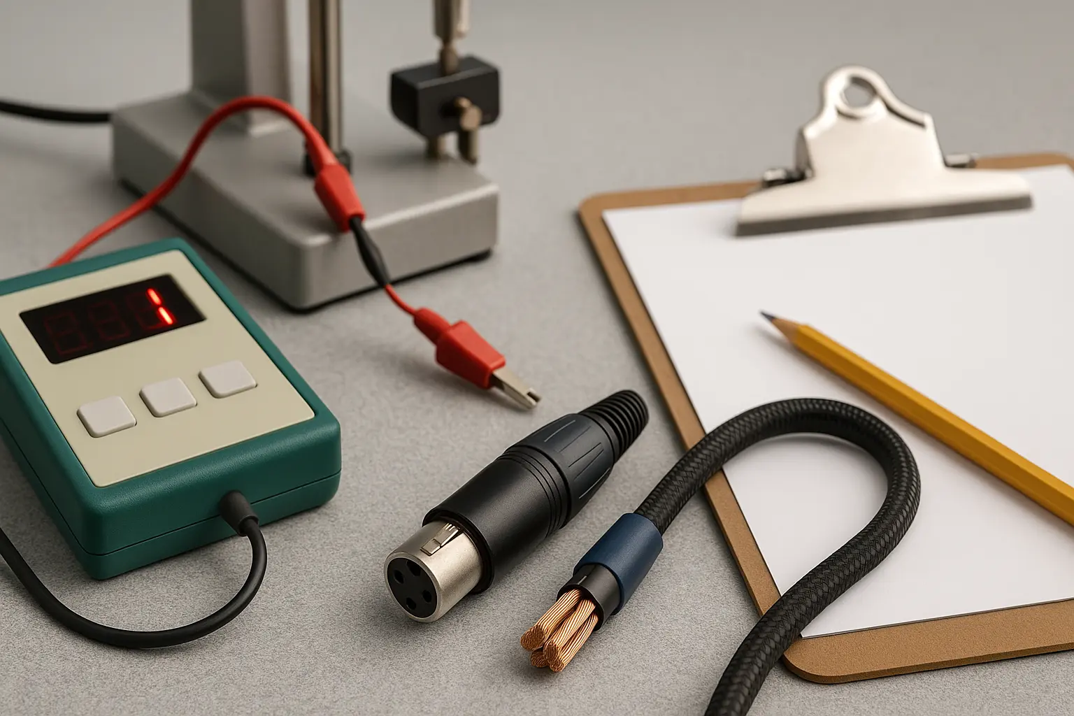 Quality control testing setup for audio cables including continuity and pull test equipment.png