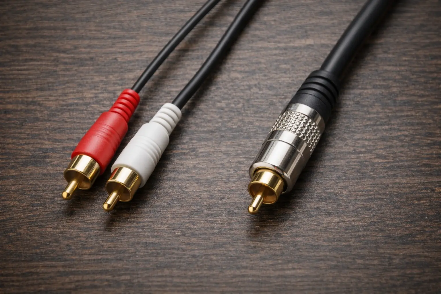 Analog RCA audio cable and digital 75-ohm coaxial RCA cable placed side by side for comparison.png