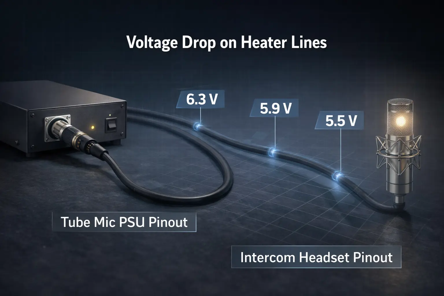 Illustration showing heater voltage drop over long 7-pin XLR cable runs in tube microphone systems..png