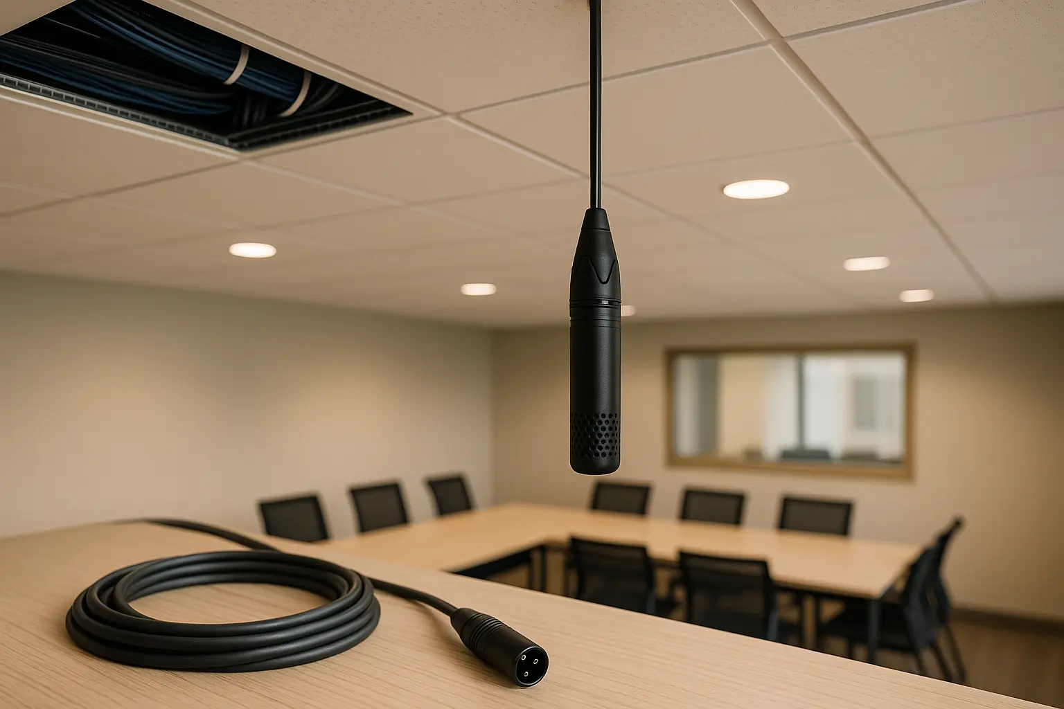 Installed AV system with ceiling microphones and neatly routed XLR cables above a modern conference room..png