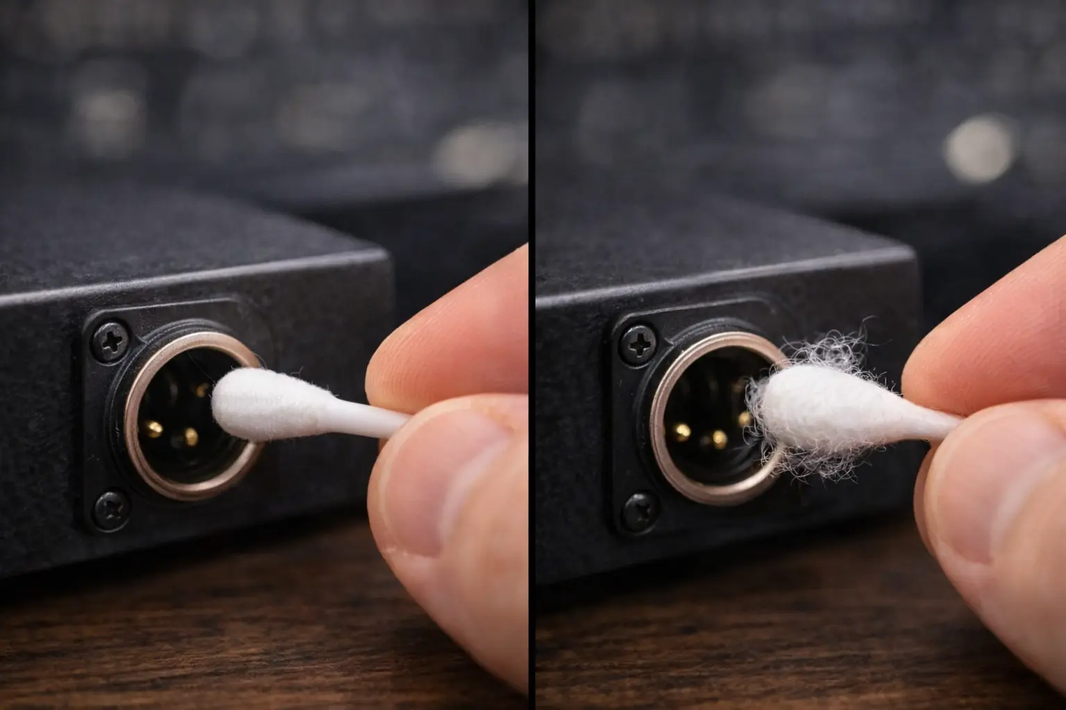 ALT Cleaning a 3.5mm audio jack with a lint-free swab to avoid leaving cotton fibers inside high-contact audio connectors..png