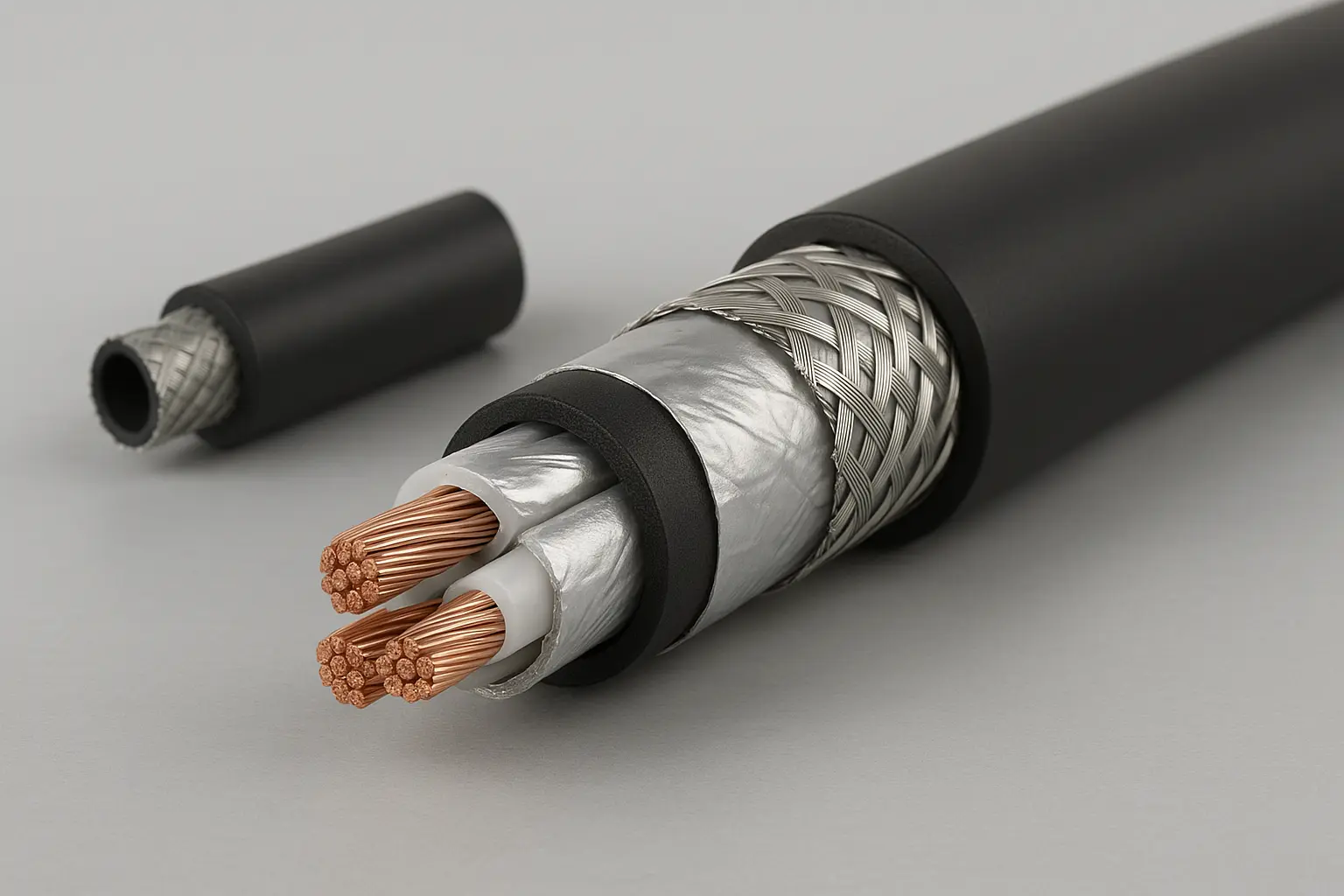 Cutaway view of shielded audio cable construction showing conductor and braided shielding.png