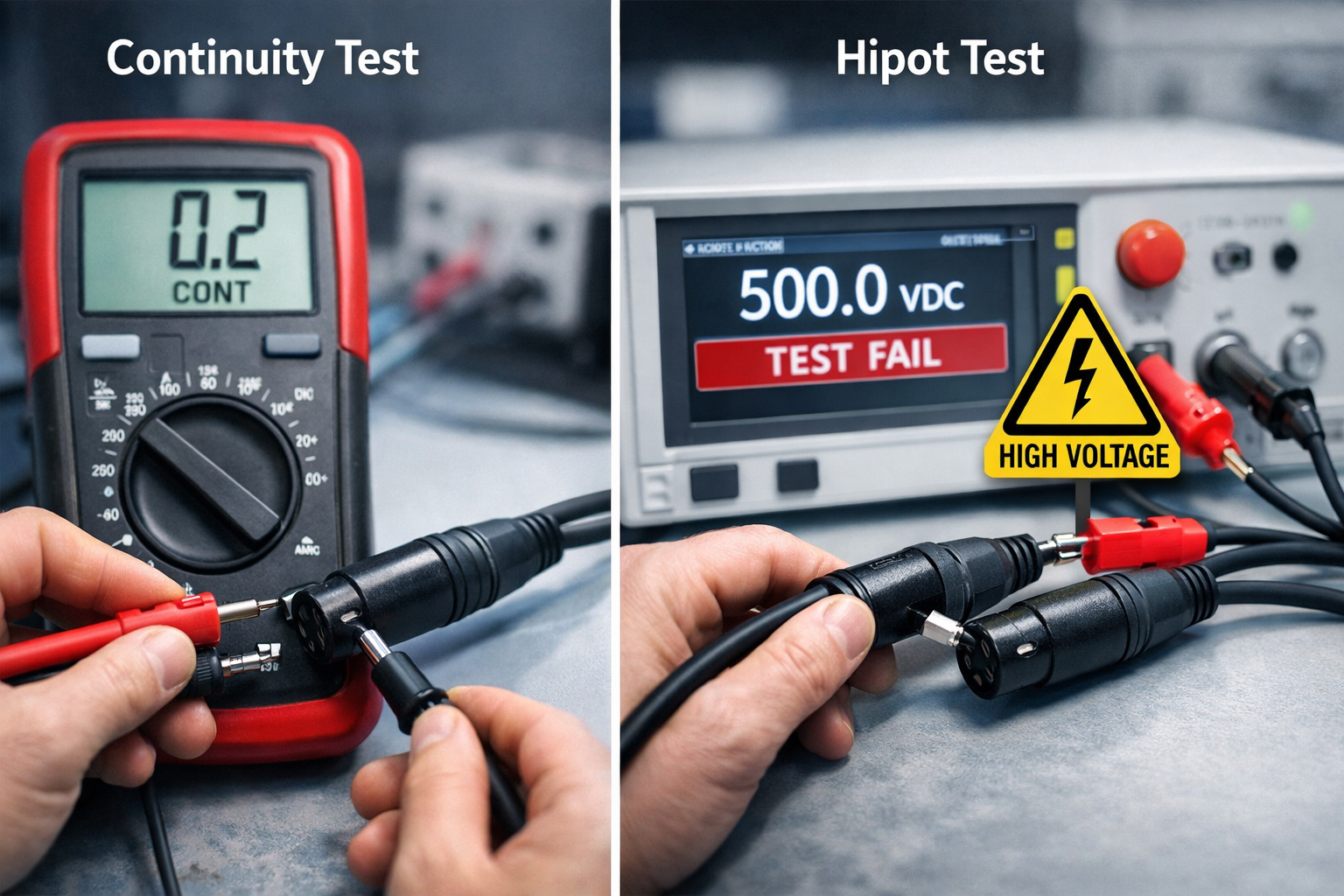 Comparison between continuity testing and high potential Hipot testing on XLR audio cables.png